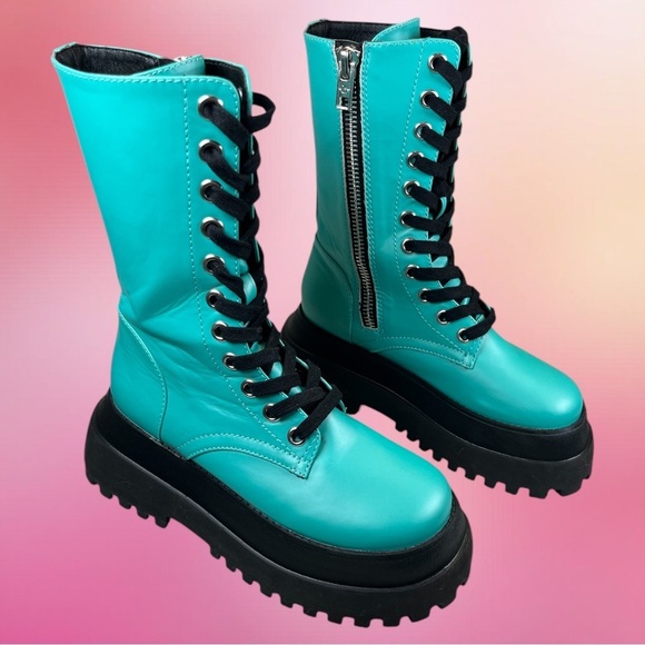 Dolls Kill | Current Mood Teal Platform Combat Boots - Picture 2 of 10